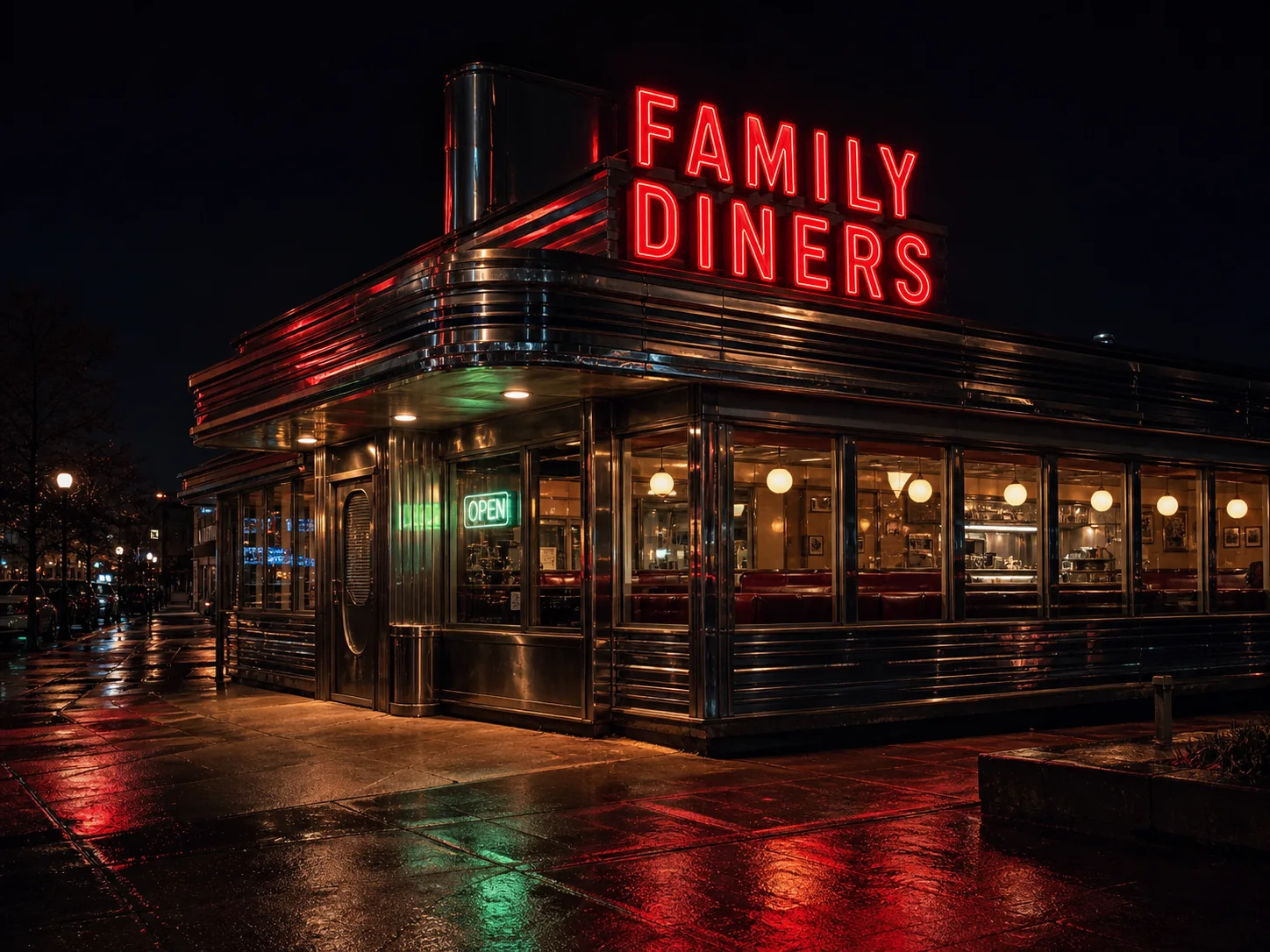 A stainless-steel family diner glowing under red neon after rain