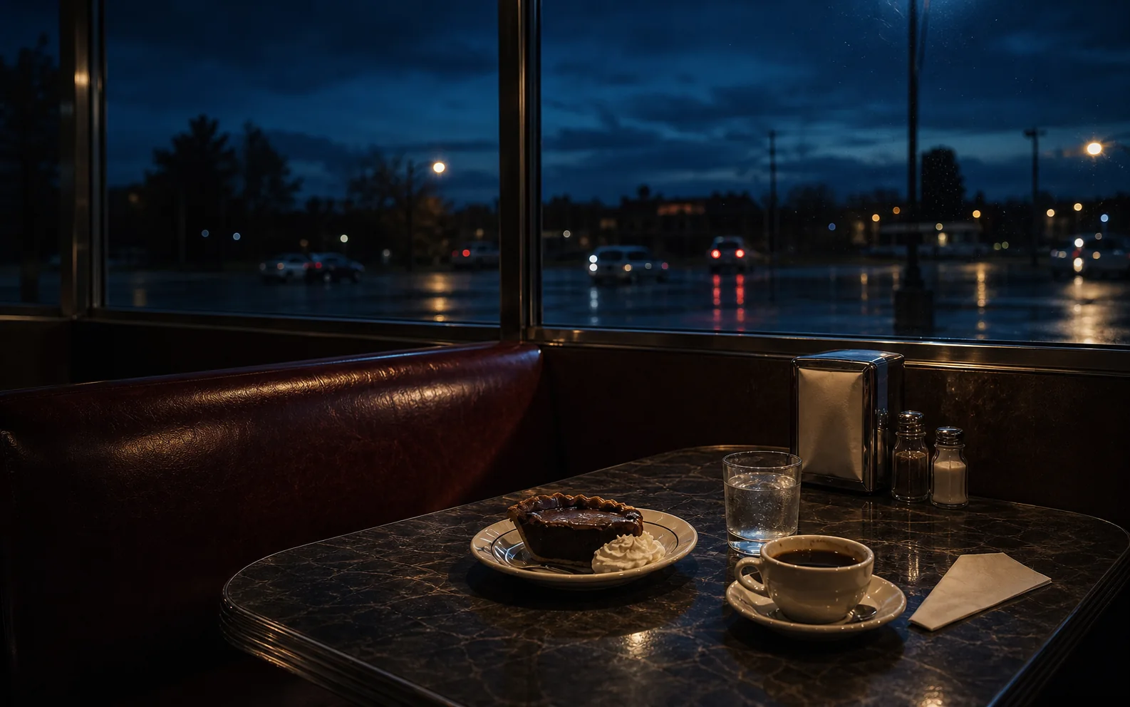 A rainy evening seen from a diner booth set with coffee and a slice of chocolate pie