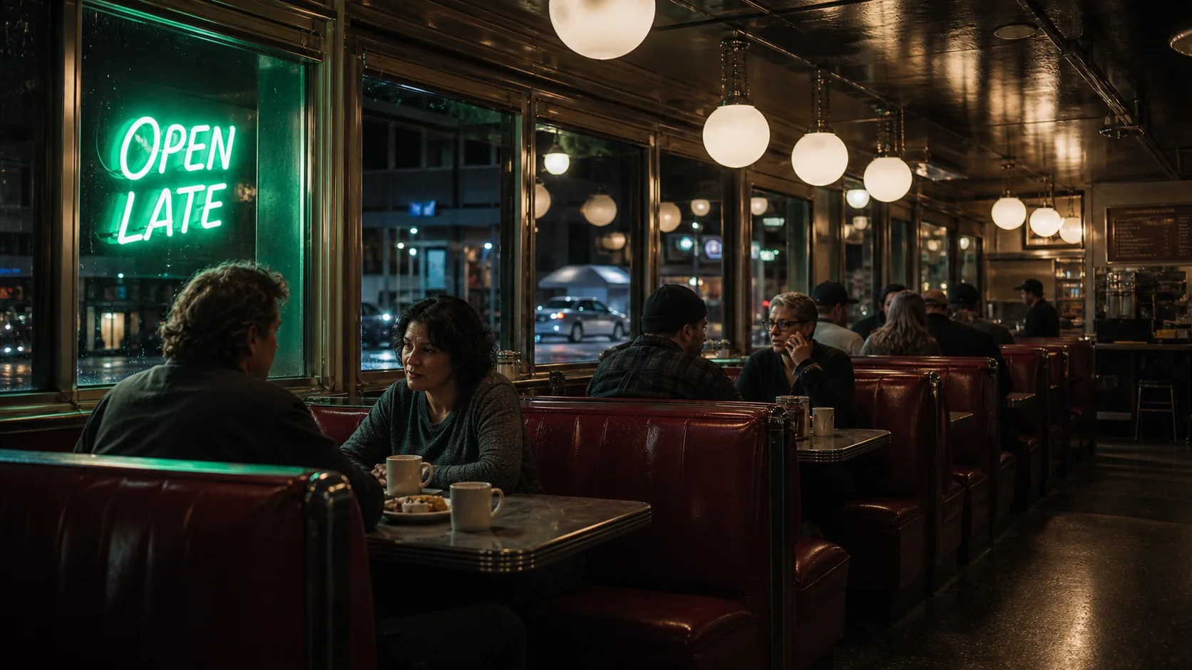 Regulars talking over coffee in a warmly lit diner with a green Open Late sign