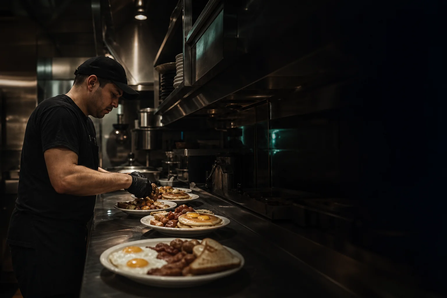 A diner line cook plating several meals at a stainless-steel kitchen pass